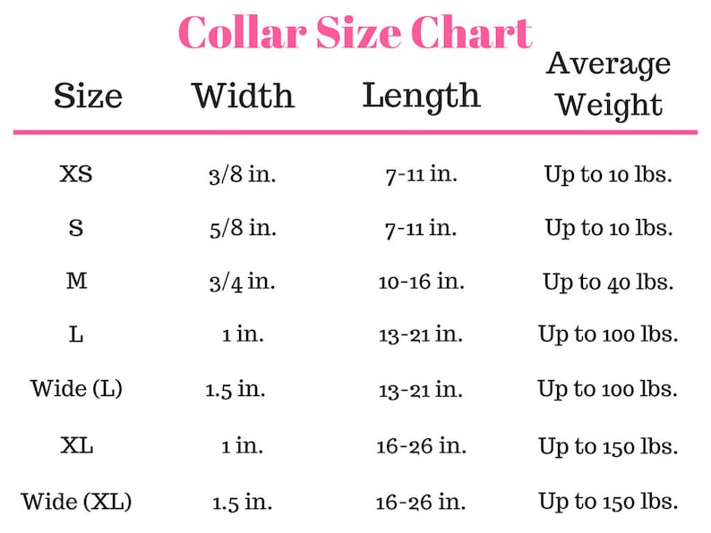 May include: Collar size chart for dogs, showing width and length measurements in inches, and average weight in pounds. Sizes include XS, S, M, L, Wide (L), XL, and Wide (XL).