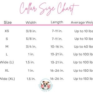 K&ouml;nnte beinhalten: Eine Halsband-Gr&ouml;&szlig;entabelle auf wei&szlig;em Grund mit rosa Text und der &Uuml;berschrift Collar Size Chart. Sie listet Gr&ouml;&szlig;en von XS bis XL Wide mit Breite, L&auml;nge in Zoll und Durchschnittsgewicht in Pfund auf. Ein rundes Logo mit Hund ist unten zu sehen.