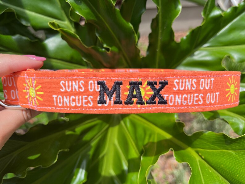 Op de afbeelding: Oranje hondenhalsband met de geborduurde naam "MAX" in zwart garen. De halsband heeft de tekst "SUNS OUT TONGUES OUT" en gele zonnegraphics. Er is een zilveren metalen D-ring bevestigd.