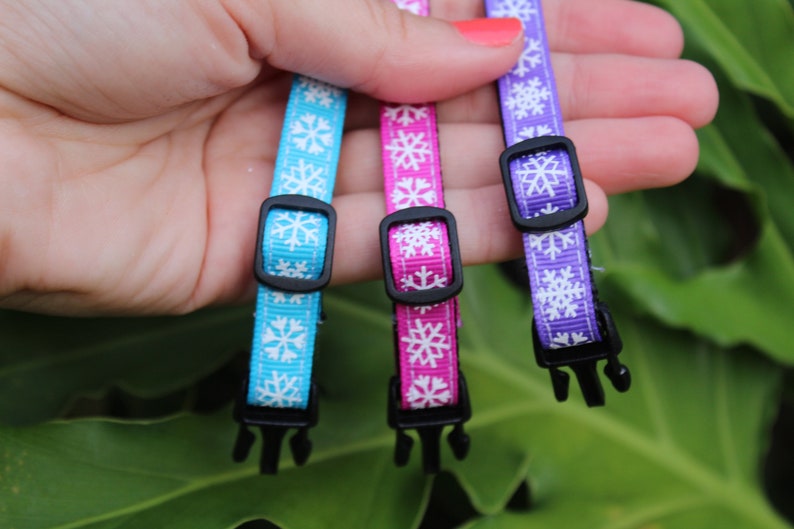 May include: Three adjustable cat collars with snowflake patterns. The collars are blue, pink, and purple.