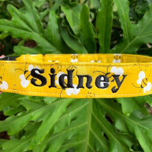 May include: A yellow fabric pet collar featuring a repeating pattern of small black and white bees. The name Sidney is embroidered in bold black thread across the center of the collar, which includes a black plastic buckle and a metal D-ring.