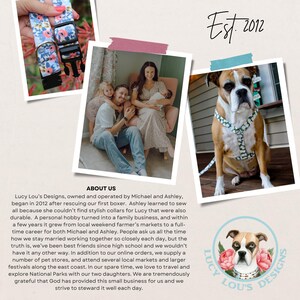 Op de afbeelding: De afbeelding toont een hondenhalsband met een bloemenpatroon, een familiefoto en een Boxer die een tuigje draagt. De tekst luidt "Est. 2012" en "Lucy Lou's Designs". De afbeelding is een promotie-item voor een bedrijf in huisdierproducten.