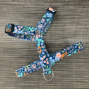 K&ouml;nnte beinhalten: Ein Haustiergeschirr mit dunkelblauem Hintergrund und einem lebendigen Blumenmuster in Hellblau, Orange und Rosa. Das Geschirr verf&uuml;gt &uuml;ber verstellbare schwarze Kunststoffschnallen, wei&szlig;e N&auml;hte und einen silbernen Metall-D-Ring f&uuml;r die Leine.