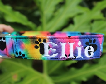 Tie Dye Paws Dog Collar - Personalized Dog Collar - Embroidered Dog Collar - Pet Name Collars - Custom Pet Collars - Monogram Collar