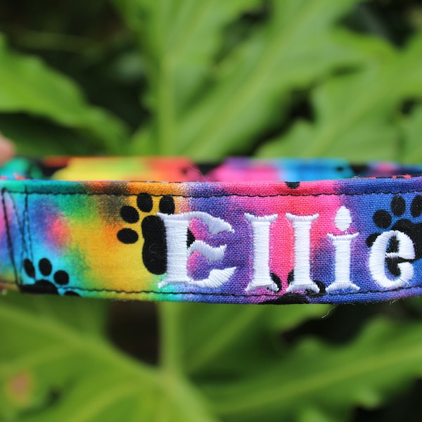 Tie Dye Paws Dog Collar - Personalized Dog Collar - Embroidered Dog Collar - Pet Name Collars - Custom Pet Collars - Monogram Collar