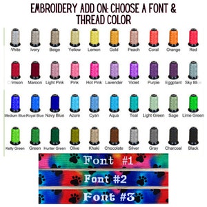May include: A chart of 36 different thread colors for embroidery. The colors are arranged in rows and columns. The colors include white, ivory, beige, yellow, lemon, gold, peach, coral, orange, red, crimson, maroon, light pink, pink, hot pink, lavender, violet, purple, eggplant, sky blue, medium blue, royal blue, navy blue, azure, cyan, aqua, teal, light green, sage, lime green, kelly green, green, hunter green, olive, khaki, chocolate, silver, gray, charcoal, and black. The chart also includes three different font styles for embroidery.