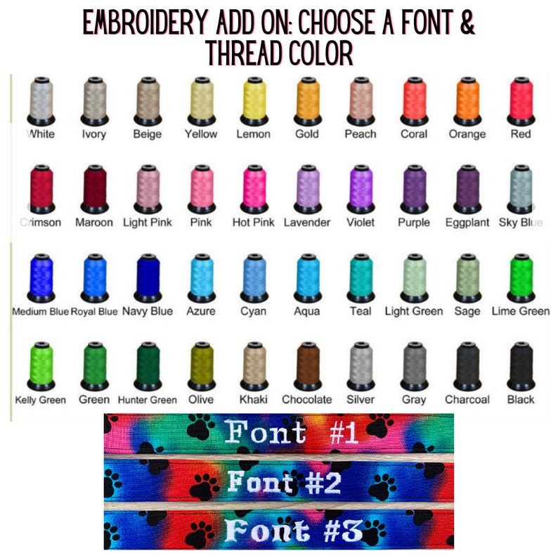 May include: A chart of 36 different thread colors for embroidery. The colors are arranged in rows and columns. The colors include white, ivory, beige, yellow, lemon, gold, peach, coral, orange, red, crimson, maroon, light pink, pink, hot pink, lavender, violet, purple, eggplant, sky blue, medium blue, royal blue, navy blue, azure, cyan, aqua, teal, light green, sage, lime green, kelly green, green, hunter green, olive, khaki, chocolate, silver, gray, charcoal, and black. The chart also includes three different font styles for embroidery.