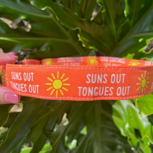 Op de afbeelding: Oranje hondenriem met de witte tekst "SUNS OUT TONGUES OUT". Het ontwerp bevat een herhaald patroon van een gele zon. De halsband wordt door een persoon vastgehouden.