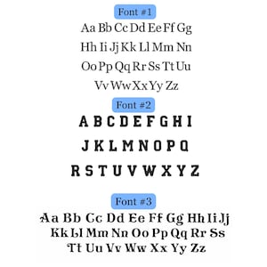 K&ouml;nnte beinhalten: Ein visueller Leitfaden mit drei verschiedenen schwarzen Schriftarten, die als Font #1, Font #2 und Font #3 gekennzeichnet sind. Jeder Abschnitt zeigt das vollst&auml;ndige Alphabet in Gro&szlig;- und Kleinbuchstaben und pr&auml;sentiert verschiedene Schriftarten.