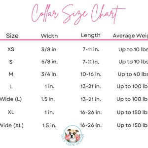 Op de afbeelding: Roze "Collar Size Chart" met maten, breedtes, lengtes en gemiddelde gewichten. Maten vari&euml;ren van XS tot Wide (XL), met breedtes van 1 cm tot 3.8 cm en lengtes van 17.8 cm tot 66 cm.