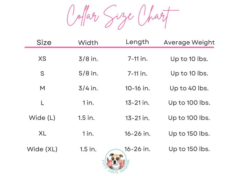 Op de afbeelding: Roze "Collar Size Chart" met maten, breedtes, lengtes en gemiddelde gewichten. Maten vari&euml;ren van XS tot Wide (XL), met breedtes van 1 cm tot 3.8 cm en lengtes van 17.8 cm tot 66 cm.