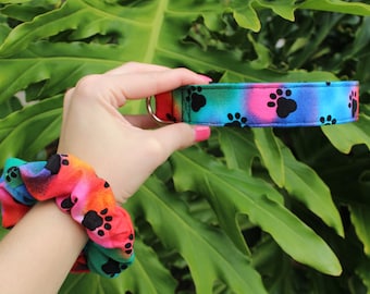 Tie Dye Pfotenabdruck-Hundehalsband Personalisiertes Regenbogen-Halsband Buntes helles Hundehalsband mit Namen Individuell besticktes verstellbares Hundehalsband
