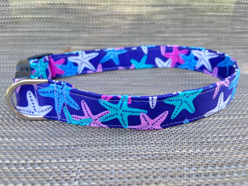 May include: A blue dog collar with a white, pink, and turquoise starfish pattern.