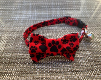 Red and Black Paws Cat Bow tie Collar - Cute Cat Collar - Male Cat Collar - Kitten Collar - XS Dog Collar - Bow Tie Cat Collar