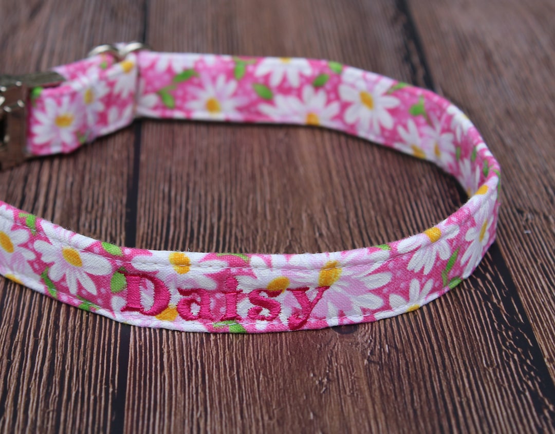 Hot Pink Daisy Dog Collar Embroidered Dog Collar Floral Dog Collar