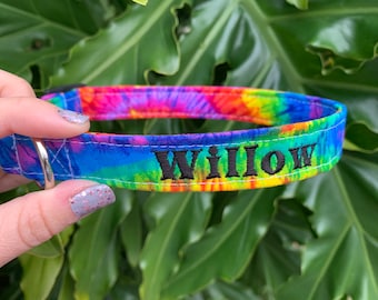 Tie Dye Dog Collar Personalized Custom Embroidery Pet Collar with Name Number Adjustable Rainbow Collar for Dogs Puppies gift