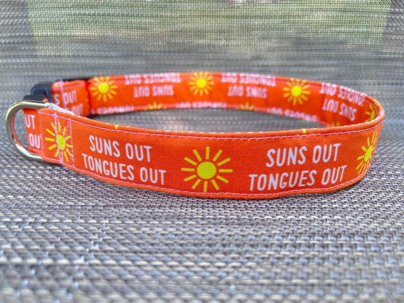 Op de afbeelding: Oranje hondenriem met de witte tekst "SUNS OUT TONGUES OUT". De riem heeft een herhalend patroon van gele zonnen. Met een zwarte kunststof gesp en een zilveren metalen D-ring.