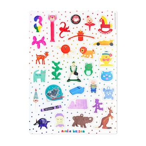 May include: A sticker sheet featuring a variety of colorful illustrations including a number three candle, a pink panther, a red monkey, a rocking horse, a yellow race car, a deer, a lion, a cactus, a baseball player, a shark, and a kangaroo.