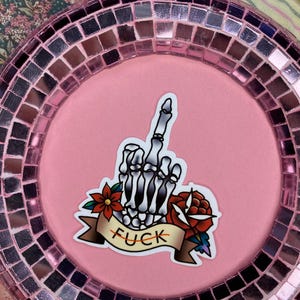 Skeletsticker Hand Flipping the Bird met gezegde Amerikaanse traditionele tattoo sticker cadeau voor vriend