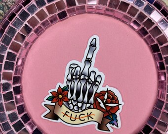 Skeleton Sticker Hand Flipping the Bird with Saying American Traditional Tattoo Decal Gift for Friend