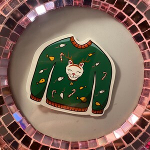 Adesivo de suéter de Natal feio de gato com decalque festivo divertido para presente de Natal e enchimento de meia