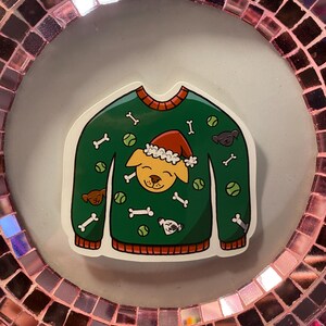 Adesivo de suéter de Natal feio de cachorro com decalque festivo divertido para presente de Natal e enchimento de meia