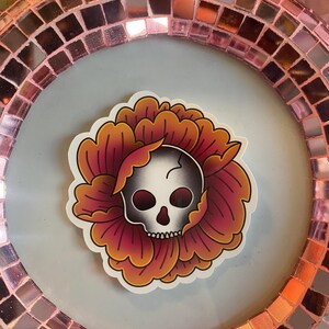 Adesivo de caveira e flor, decalque de esqueleto de peônia laranja e rosa, presente para amigo