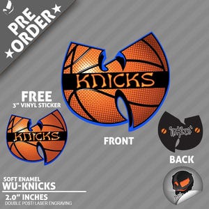 May include: A 2.0-inch soft enamel pin featuring an orange basketball texture shaped like a stylized W logo with the word KNICKS in black lettering. The back is black with white graffiti-style text. Includes a 3-inch vinyl sticker of the same design.