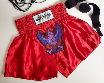 Striking red satin Muay Thai Shorts with Garuda - Size L
