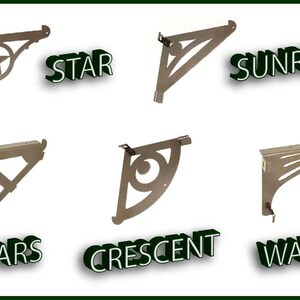 May include: Six different metal shelf brackets with decorative cutouts. The brackets are labelled "Star", "Sunrise", "Bars", "Crescent", "Wave".