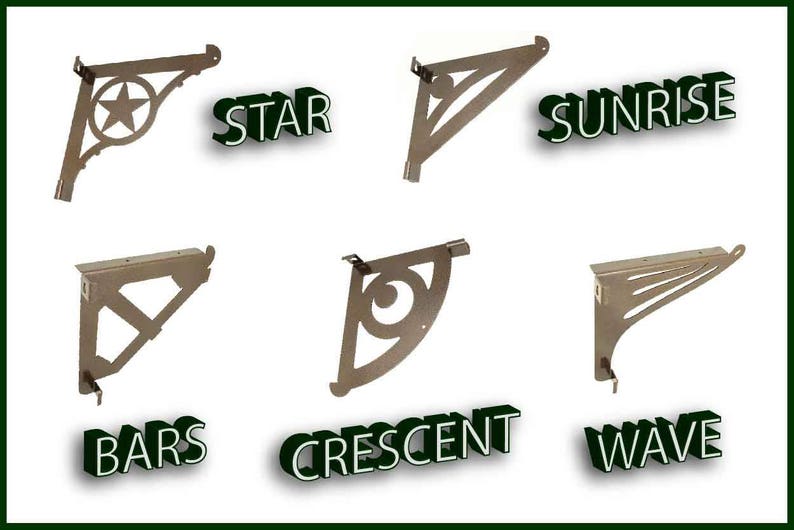May include: Six different metal shelf brackets with decorative cutouts. The brackets are labelled "Star", "Sunrise", "Bars", "Crescent", "Wave".