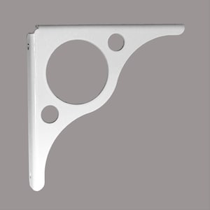 May include: White metal shelf bracket with three round holes. The bracket is shaped like a right angle with a curved edge.