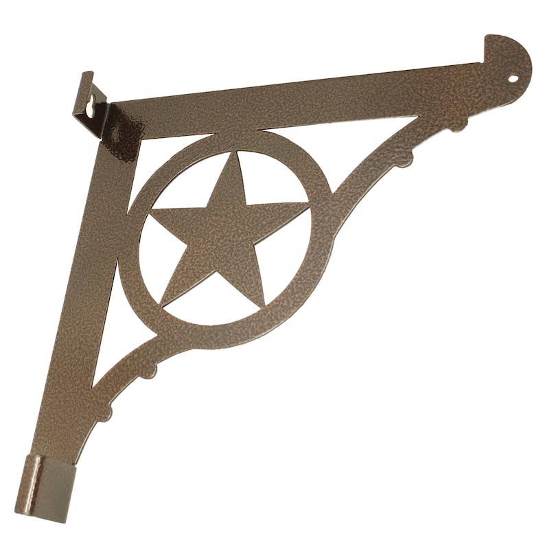 May include: A rustic metal shelf bracket featuring a star design. The bracket is a dark brown colour and has a textured finish.