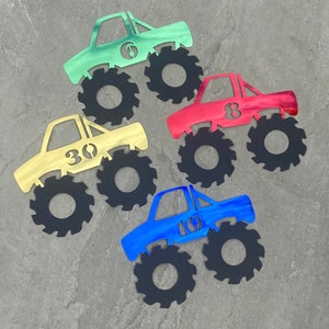 Monster Truck Birthday Cake Toppers With Age, Shiny Metallic Paint Finish in Blue, Red, Green and Gold, For Monster Truck Cake and Party.