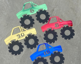 Monster Truck Birthday Cake Topper, Metallic Finish, Age Number