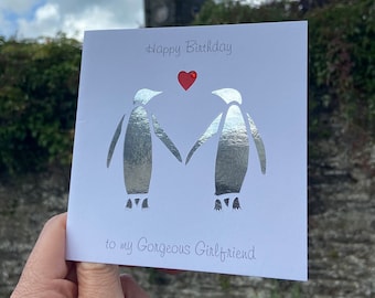 Handmade Penguin Birthday Card, Silver Foil, Anniversary Love Card