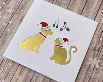 Dog and Cat Under The Mistletoe Luxury Christmas Card Handmade To Order With Free Personalisation, A Special Festive Card For Animal Lovers