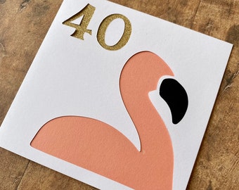 Flamingo Birthday Card, Gold Glitter Age, Personalized Handmade Papercut