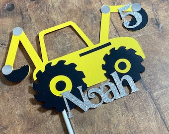 Adorno para tarta de excavadora con purpurina personalizado - Decoración de camión de construcción hecha a mano