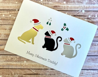 Dog and Cats Wearing Festive Hats Christmas Card For Husband, Wife and Loved Ones, Any Colour and Pet Combinations and Personalised Message