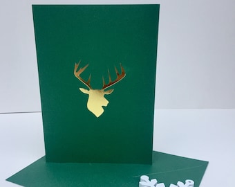 Golden Reindeer Christmas Card By HKdesign8- Festive Card- Luxury Handmade Card for Husband or Wife Available in Green/Gold- Red/Gold Card