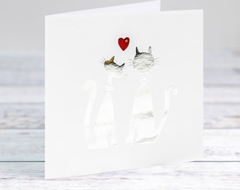 Silver Cat Couple with Red Love Heart Card For Wedding Anniversary- Engagement Card- Valentines Day- Soulmate Card- I love You-By HKdesign8