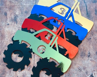 Gepersonaliseerde metalen monstertruck taarttopper, decor verjaardagsfeestje