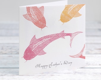 Koi Carp Happy Father's Day Card Using Hand Printed Lino Cuts. Koi Fish Card. Blank Inside and Available With Free Personalisation!