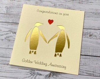 Personalised 50th Golden Wedding Anniversary Card With Shiny Gold Penguin Couple- A Special and Unique Papercut Card- Handmade To Order