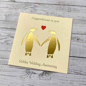 Personalised 50th Golden Wedding Anniversary Card With Shiny Gold Penguin Couple- A Special and Unique Papercut Card- Handmade To Order