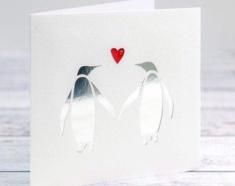 Personalised Silver and Golden Wedding Anniversary Cards For 25th and 50th Wedding Anniversary, Shiny Gold or Silver Penguin Couple Handmade