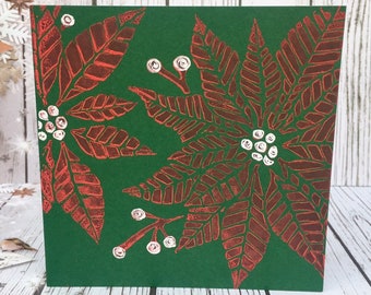Red Poinsettia Lino Print Christmas Card with Golden Handpainted Detail on Brown Kraft Card or Green Card. Festive Seasons Greetings