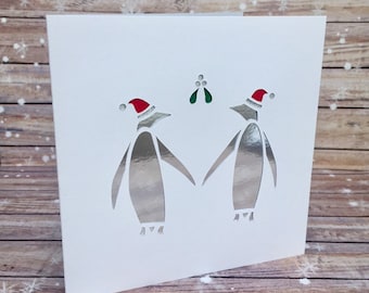 Penguin Couple with Festive Hats and Mistletoe Christmas Card- A Special Papercut Card for Your Loved One at Christmas- Wedding Engagement