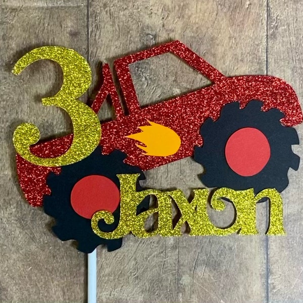 Red Monster Truck Machine Cake Topper With Fire Flame Blaze On Side - Personalised with Name and Age On - Matching Party Banner Available